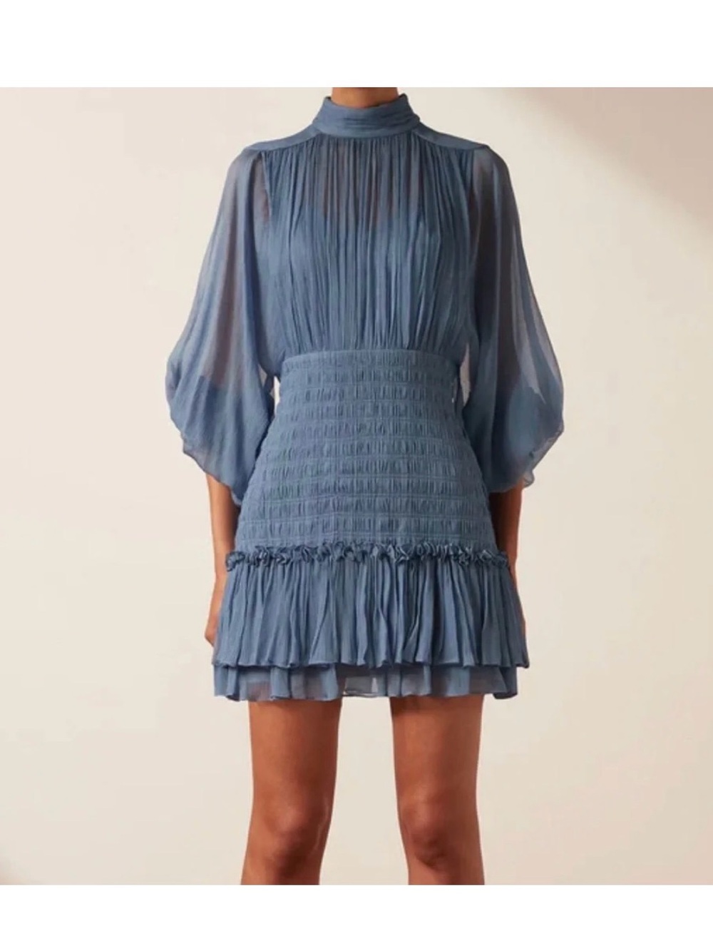 Shona Joy Dusty Blue Pleated High-Neck Long Sleeve Mini Dress - gently used